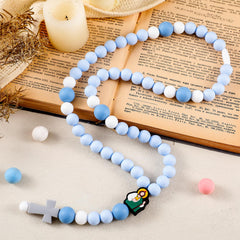 Kigeli cross baptism silicone rosary closeup of blue beads for gentle baby wear