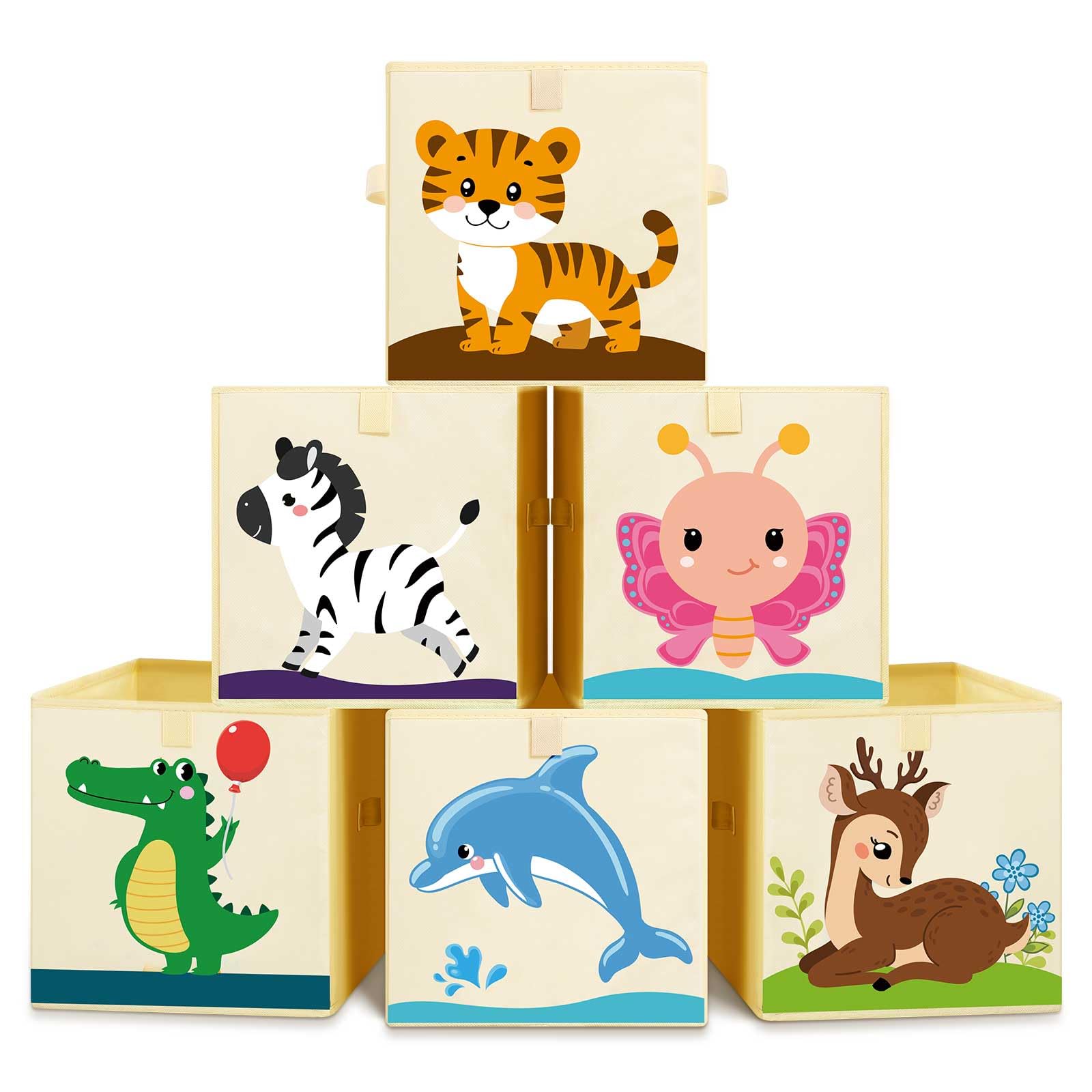 Kigley six-pack collapsible cube storage bins with animal design for toy organization