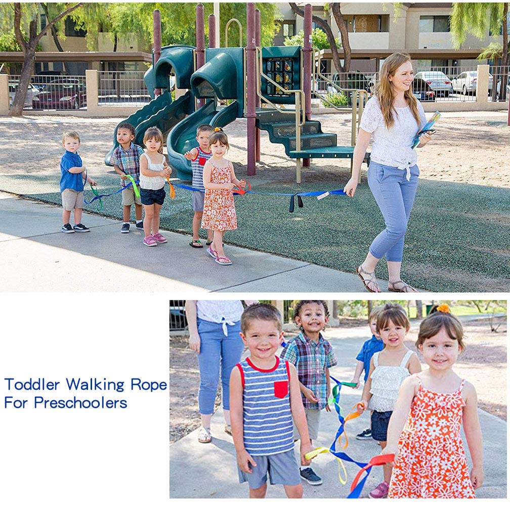 Two teachers hold the rope ends to supervise an orderly outdoor line-up