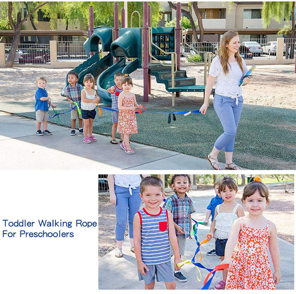 Two teachers hold the rope ends to supervise an orderly outdoor line-up