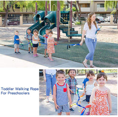 Two teachers hold the rope ends to supervise an orderly outdoor line-up
