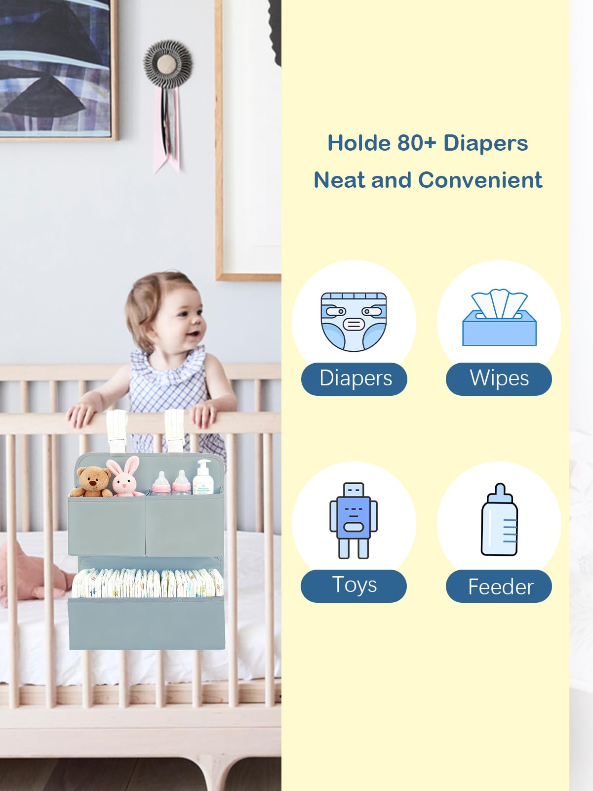 KIKJOK 3-compartment design keeps diapers, wipes, and toys neatly separated.