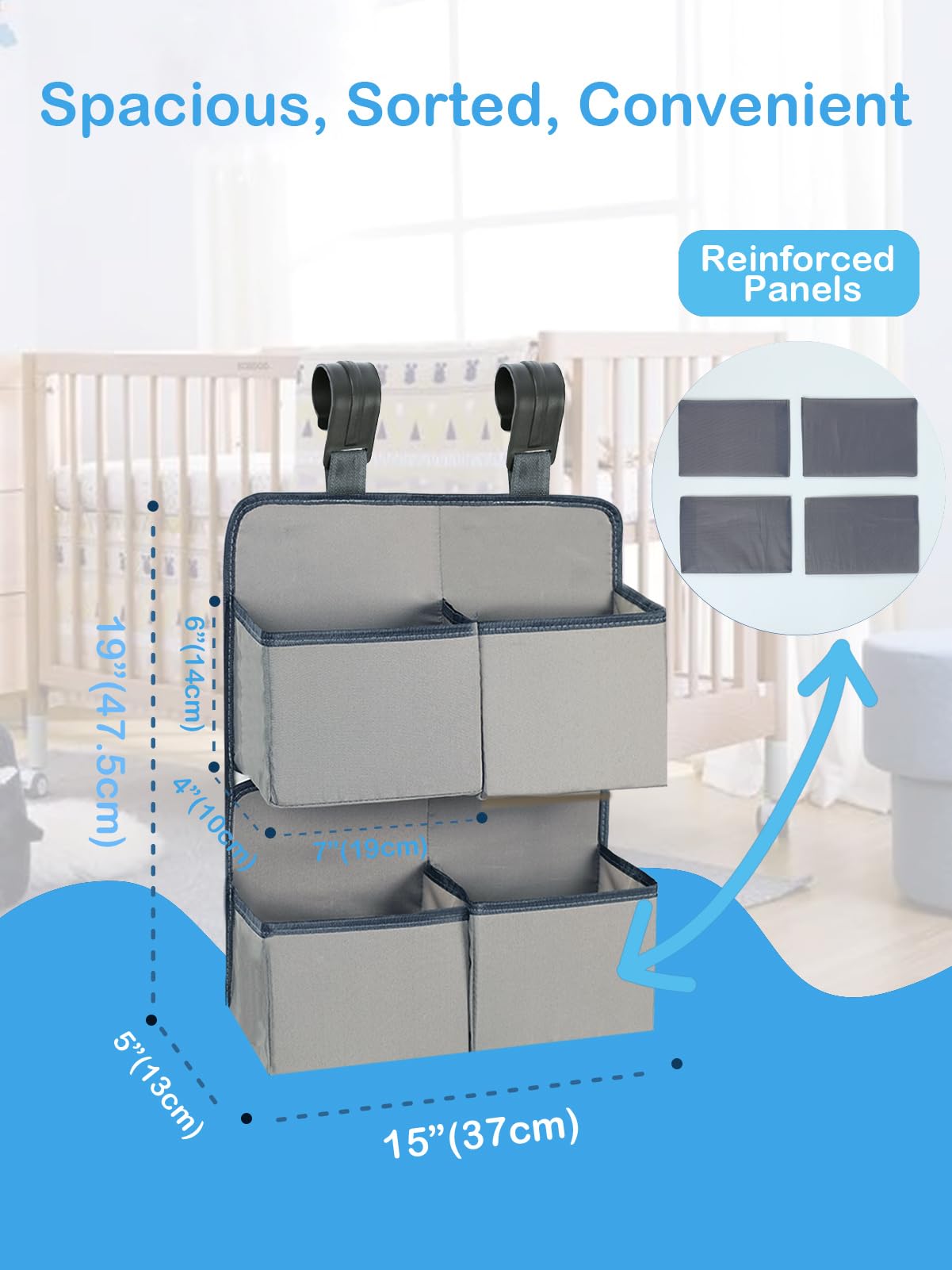 KIKJOK hanging-diaper-organizer-600d-polyester-grey durable material for long nursery use.