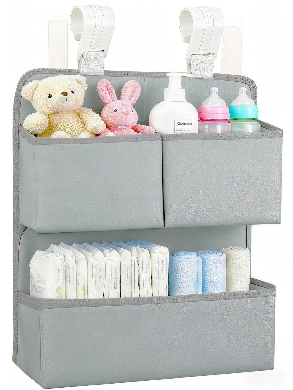 KIKJOK hanging diaper organizer attached to bassinet hooks for quick diaper access.