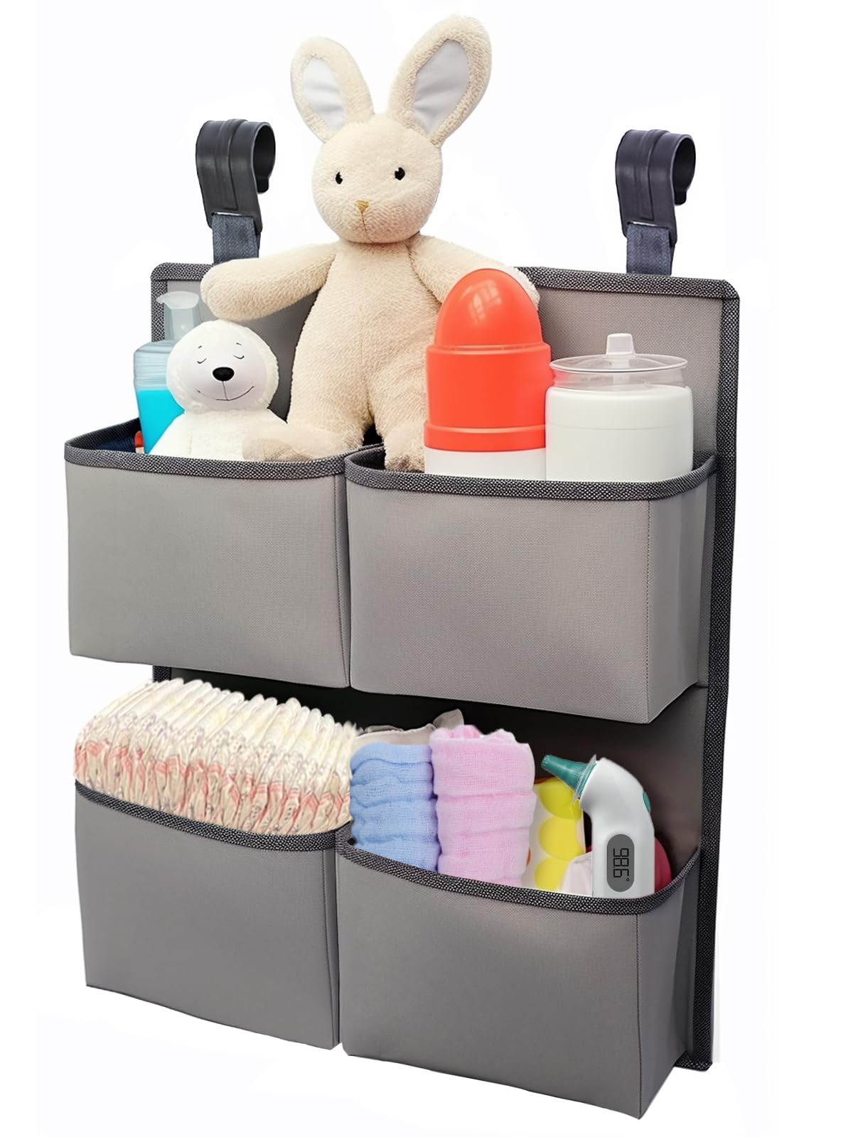 KIKJOK hanging diaper organizer on crib provides quick diaper access and tidy storage.