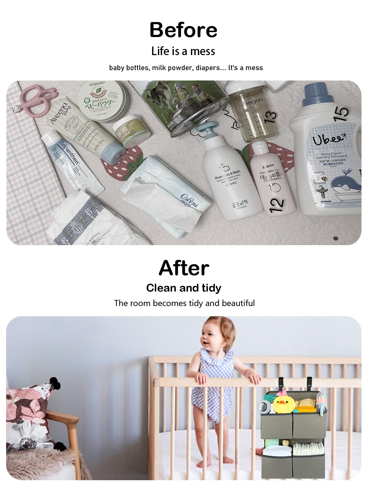 KIKJOK hanging-diaper-organizer-easy-access-diapers shown with hooks for crib or stroller.