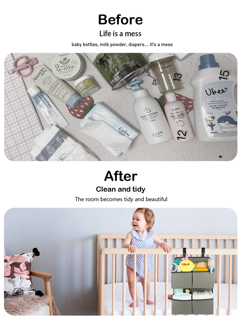 KIKJOK hanging-diaper-organizer-easy-access-diapers shown with hooks for crib or stroller.