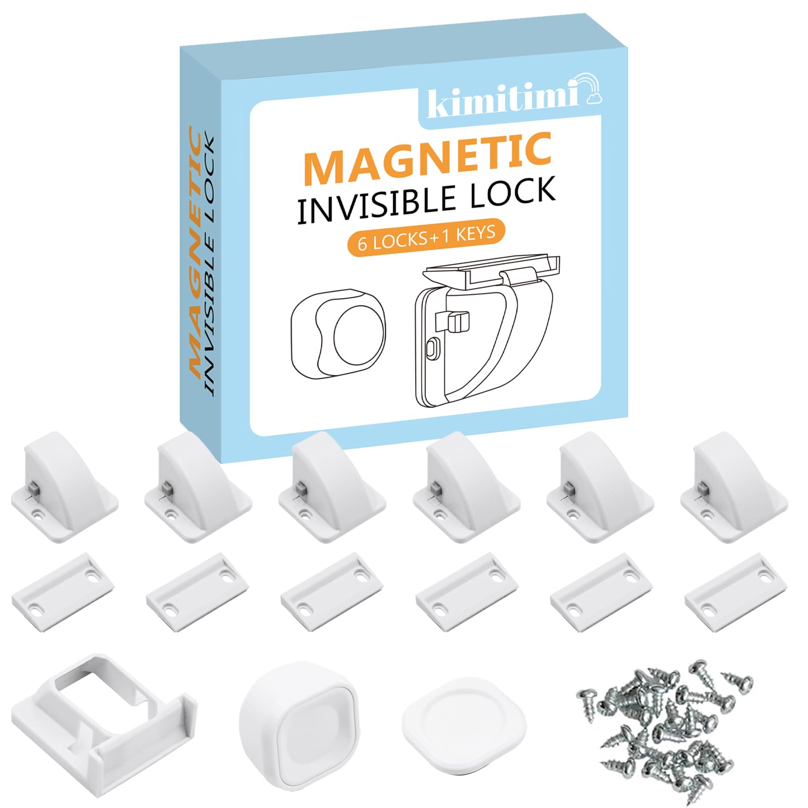 Kimitimi 6-pack magnetic cabinet locks shown together for secure, invisible child safety in cabinets.