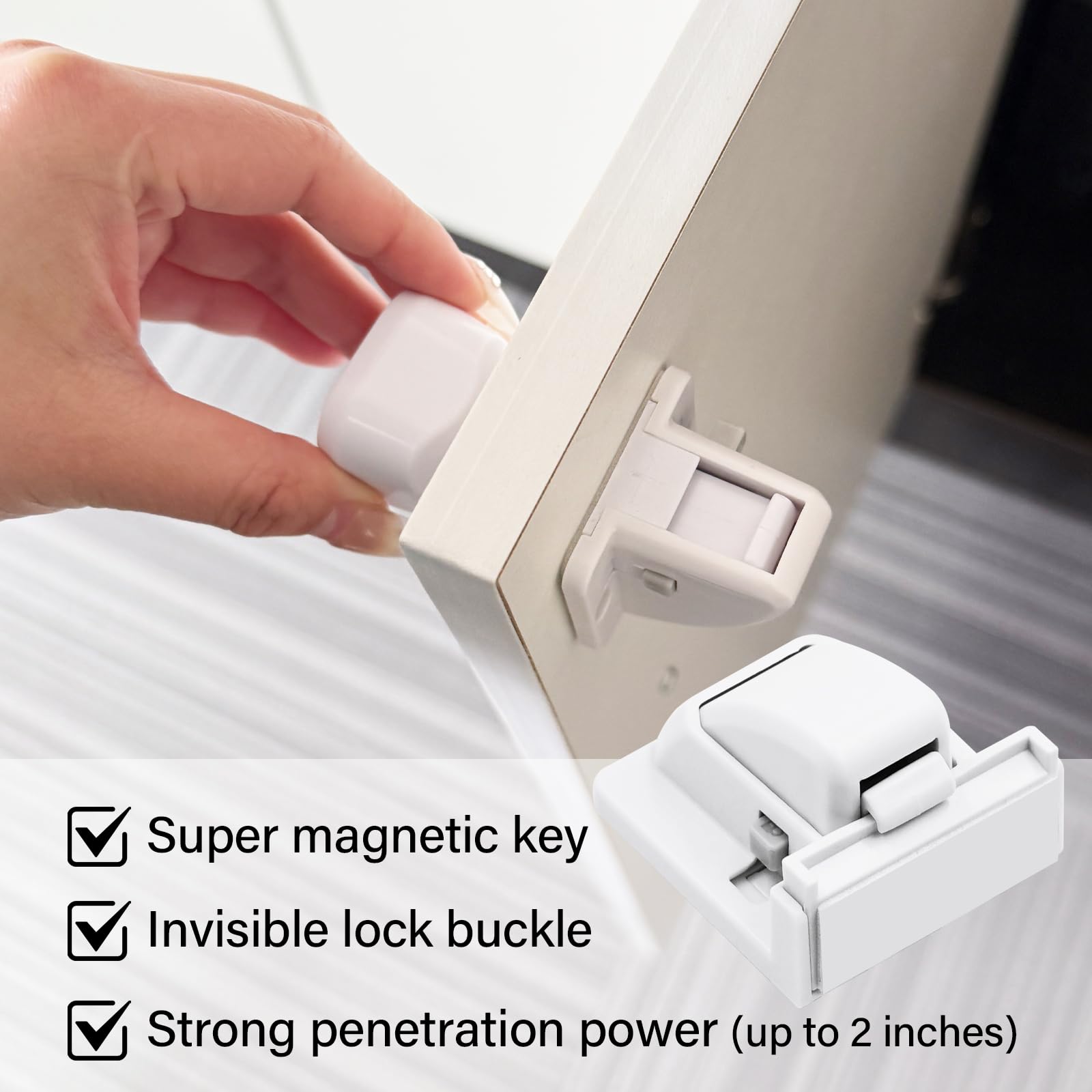 Kimitimi cabinet locks with adhesive back demonstrate tool-free installation and strong hold.