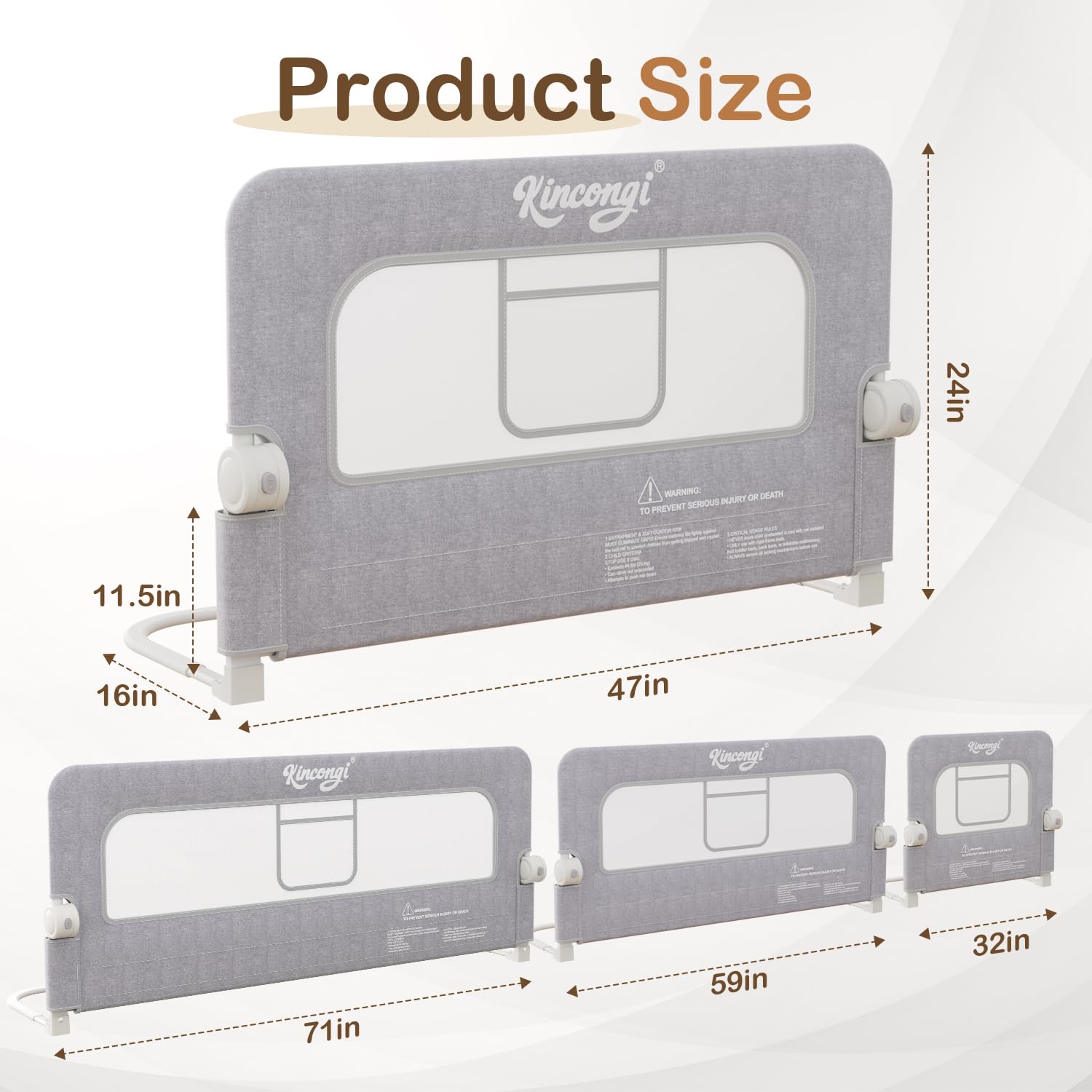 Kincongi bed rail secure straps and ties stabilize the barrier.