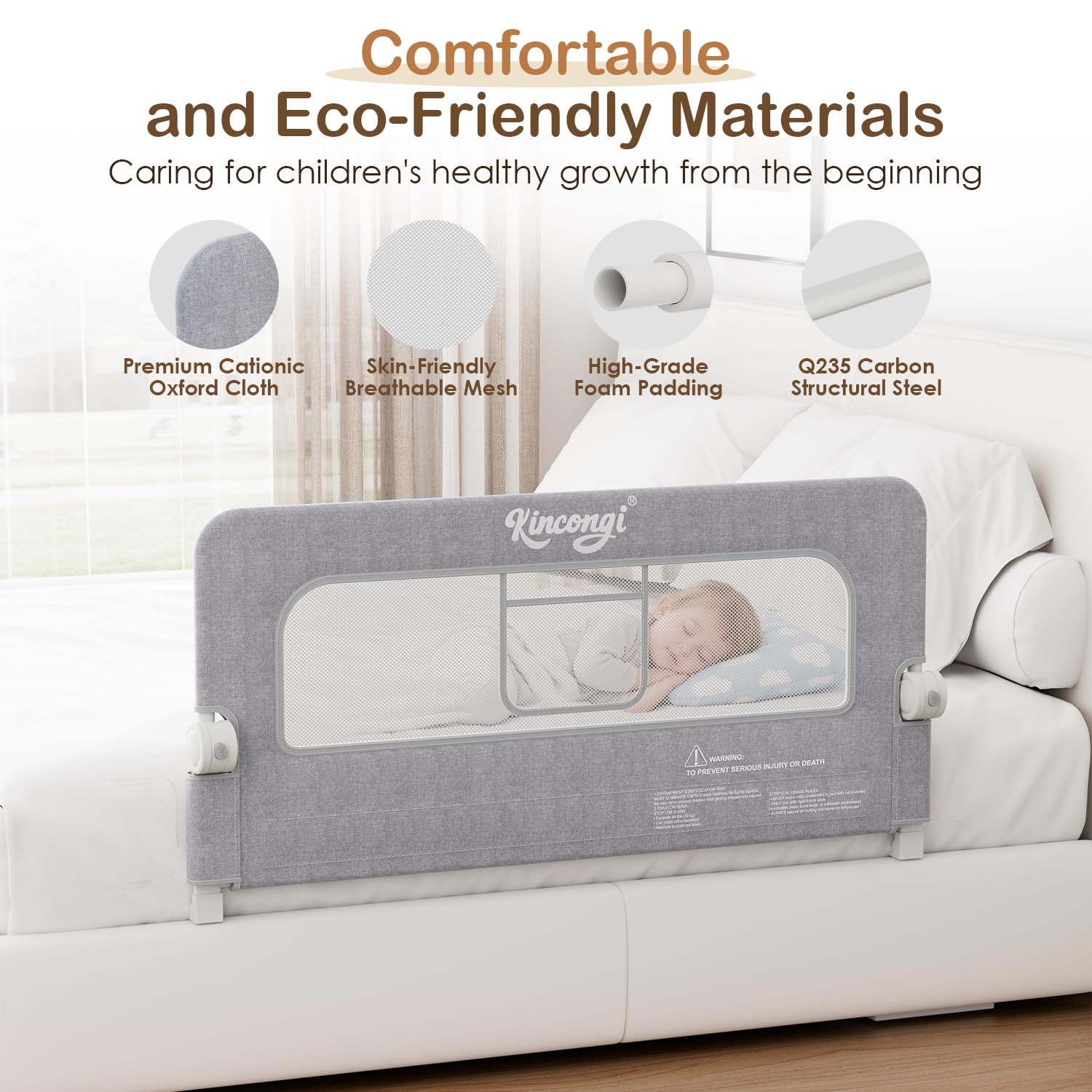 Kincongi bed rail tool-free installation saves setup time.