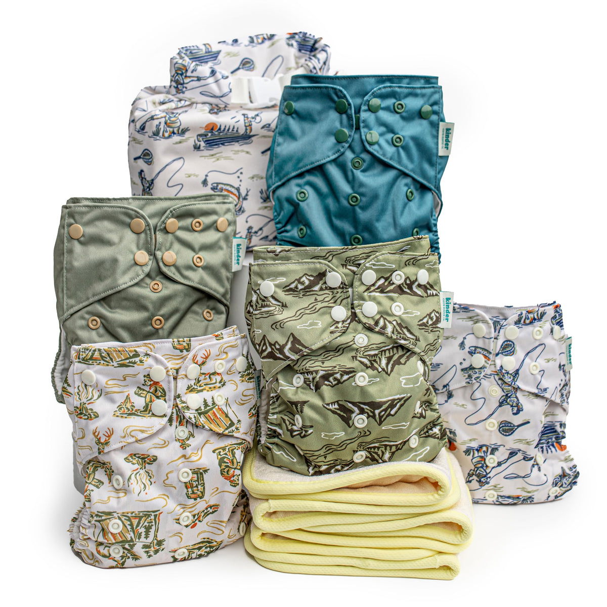 Kinder cloth diaper 5-pack setup demonstrates eco-friendly starter solution for reusable diapering.