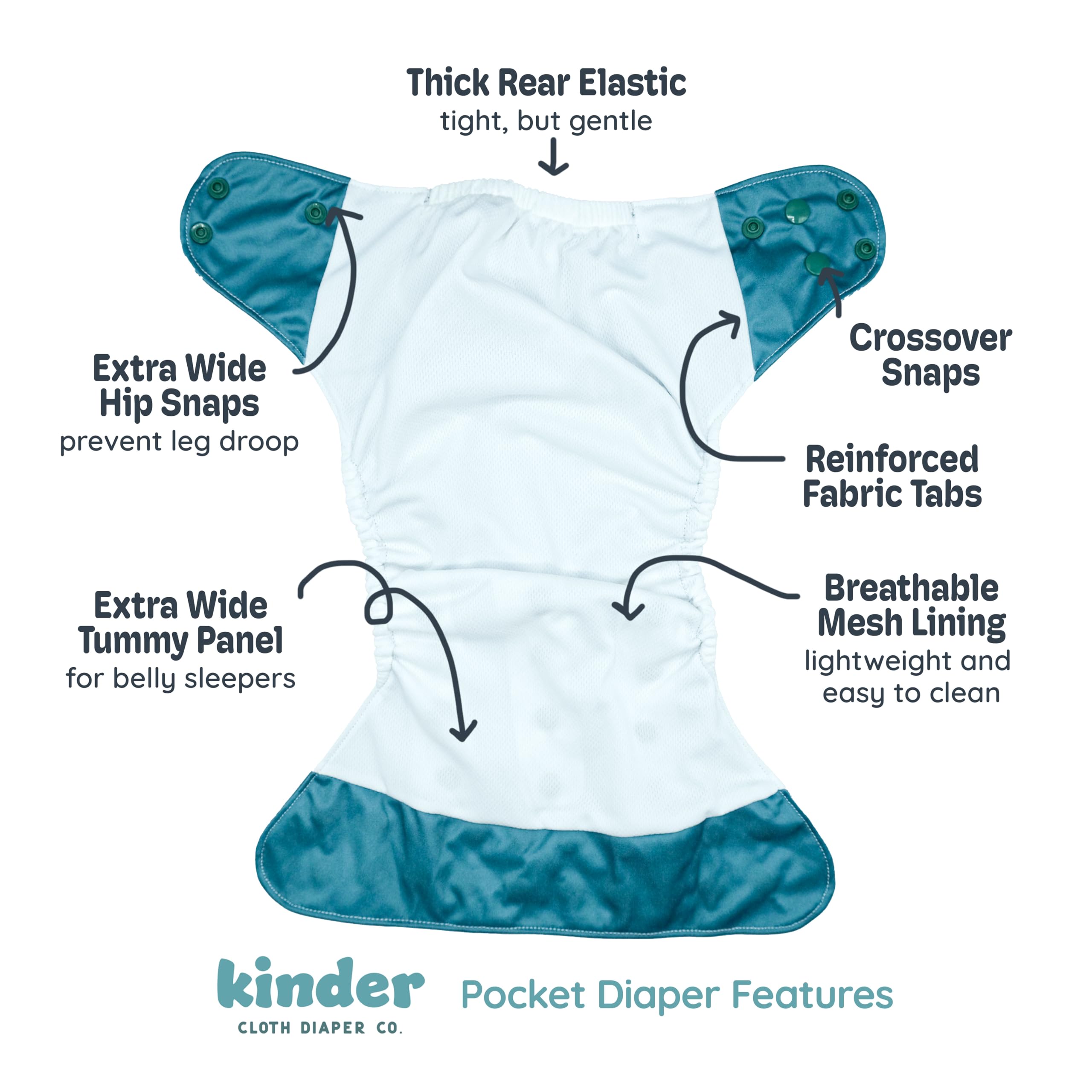 Kinder pocket diaper close-up showing snaps and rise settings for custom fit.