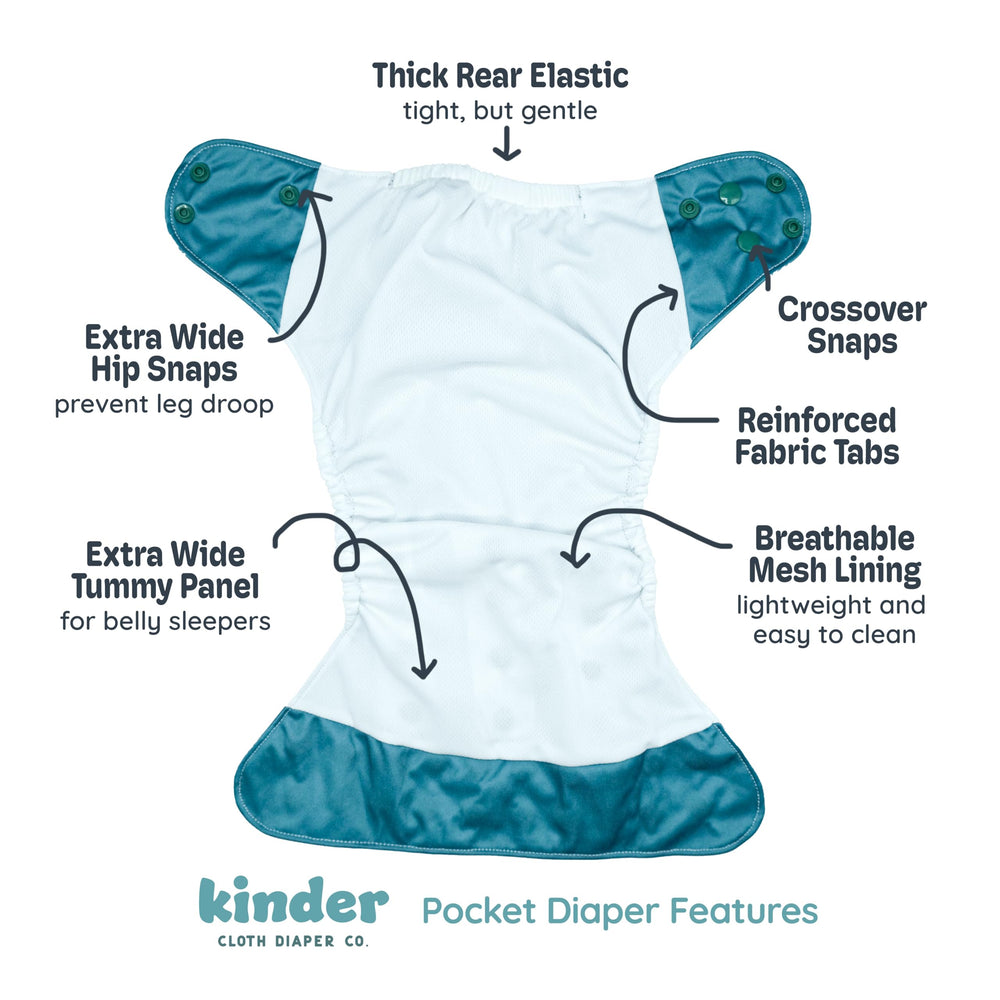 Kinder pocket diaper close-up showing snaps and rise settings for custom fit.