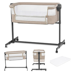 Kinderkraft Neste UP2 beige front view showing compact 2-in-1 crib