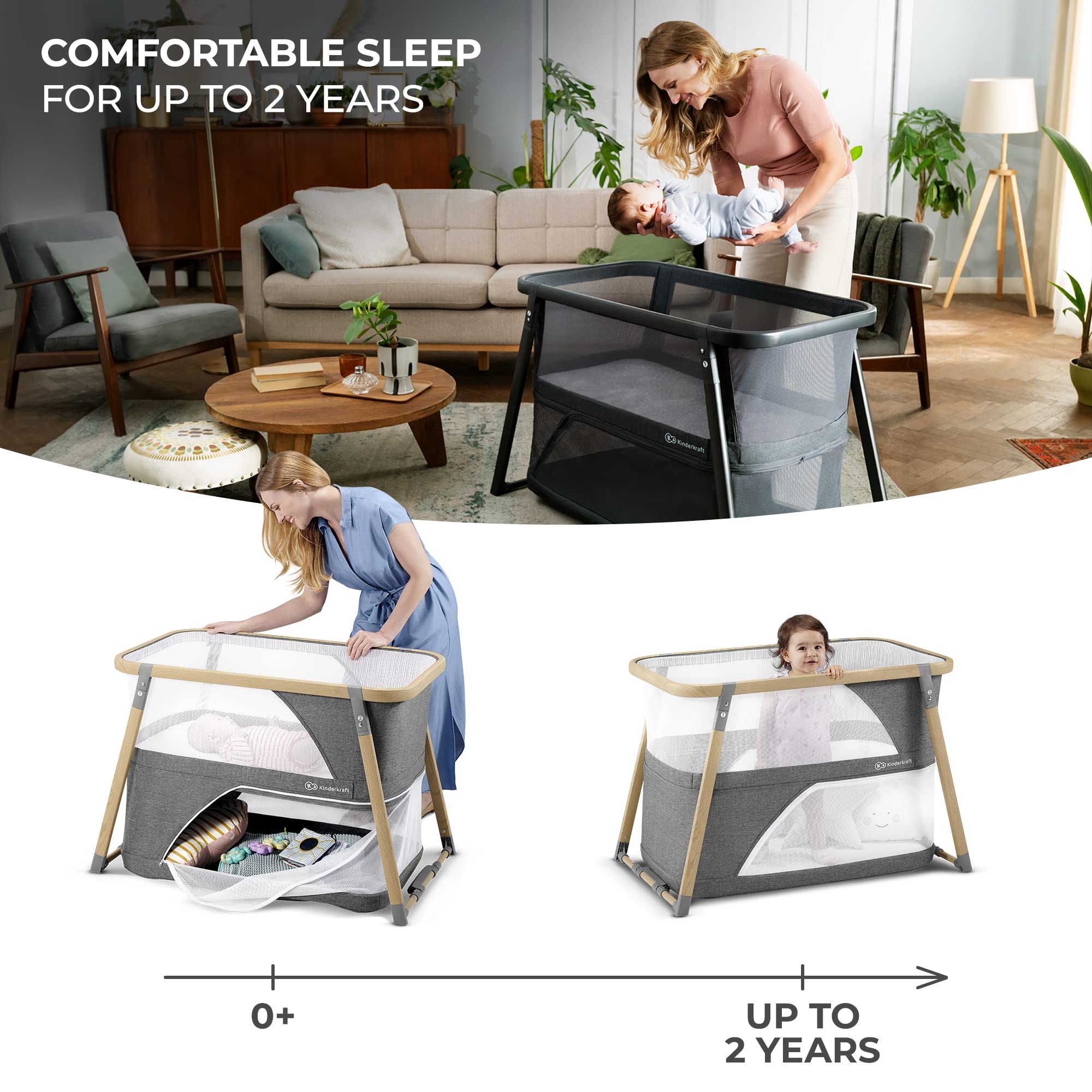 Kinderkraft Sofi two-level mattress supports newborn comfort with storage underneath.
