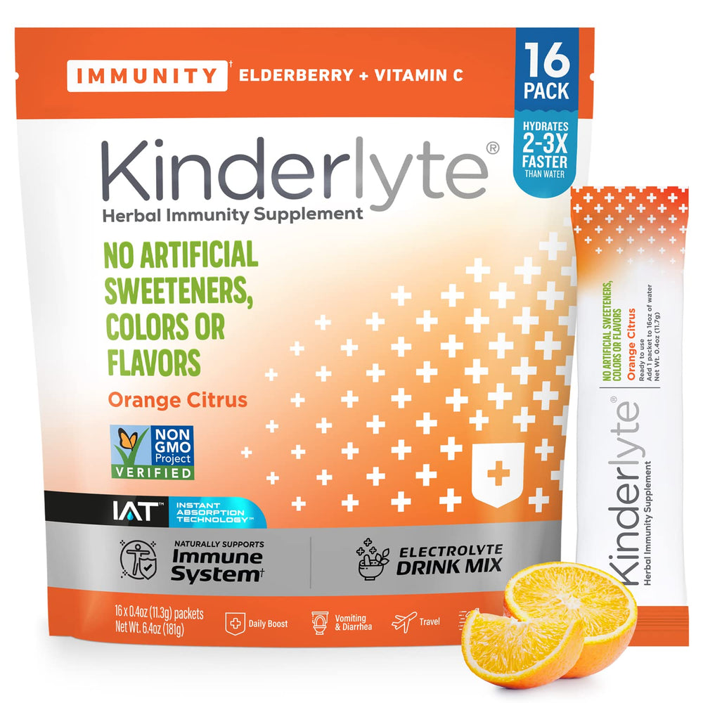 KinderLyte immunity hydration orange citrus packet poured into a glass for quick hydration