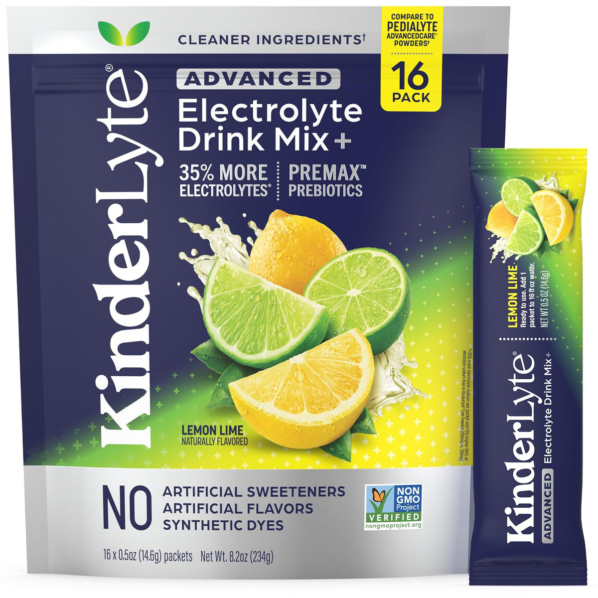 KinderLyte lemon-lime pack front view for quick rehydration after activity.