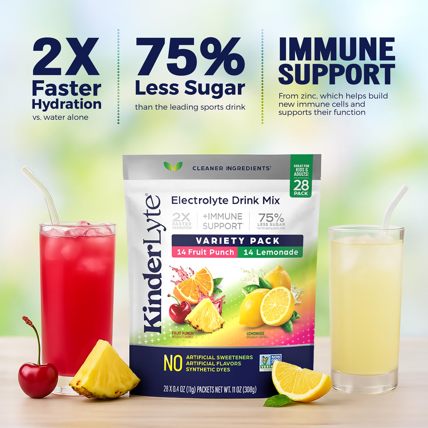 KinderLyte no artificial dyes label emphasizing clean ingredients