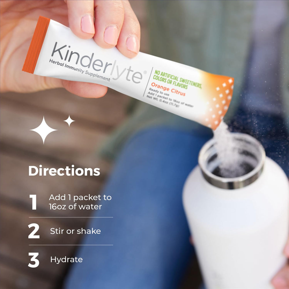 KinderLyte turmeric elderberry vitamin C imagery in packet indicating immune-support ingredients