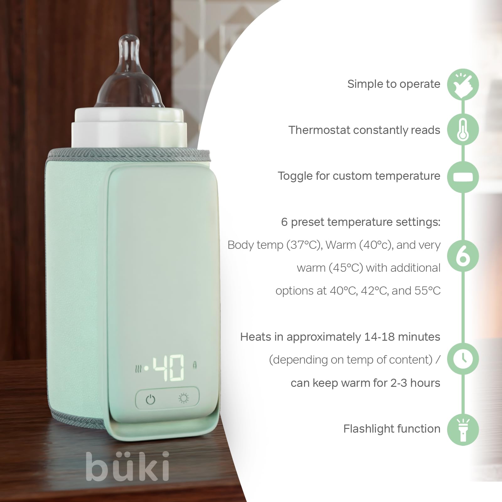 KinderSense Büki 6-temperature settings image highlights precise milk warming options for different needs.