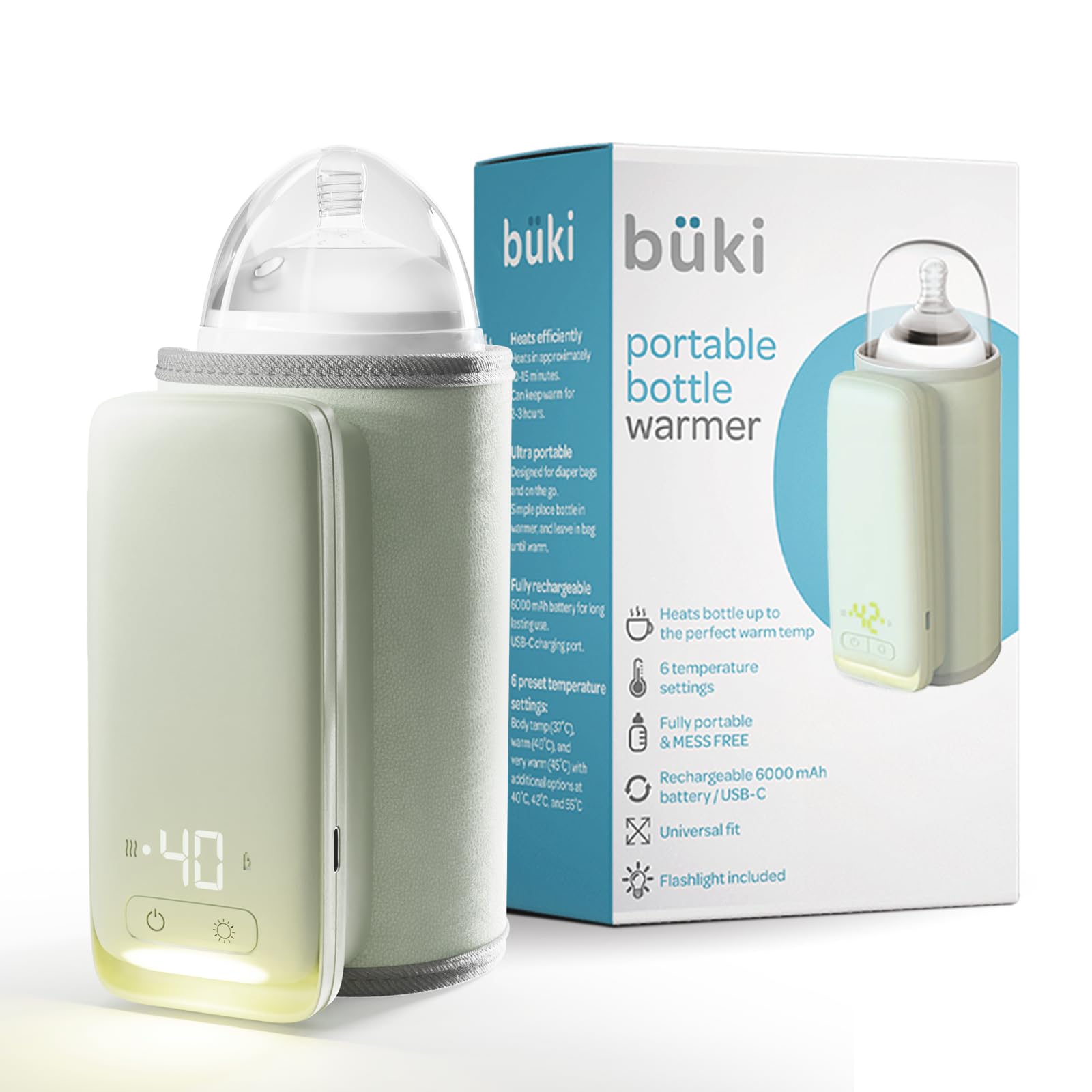 KinderSense Büki portable bottle warmer front view shows travel-friendly design for on-the-go feeds.
