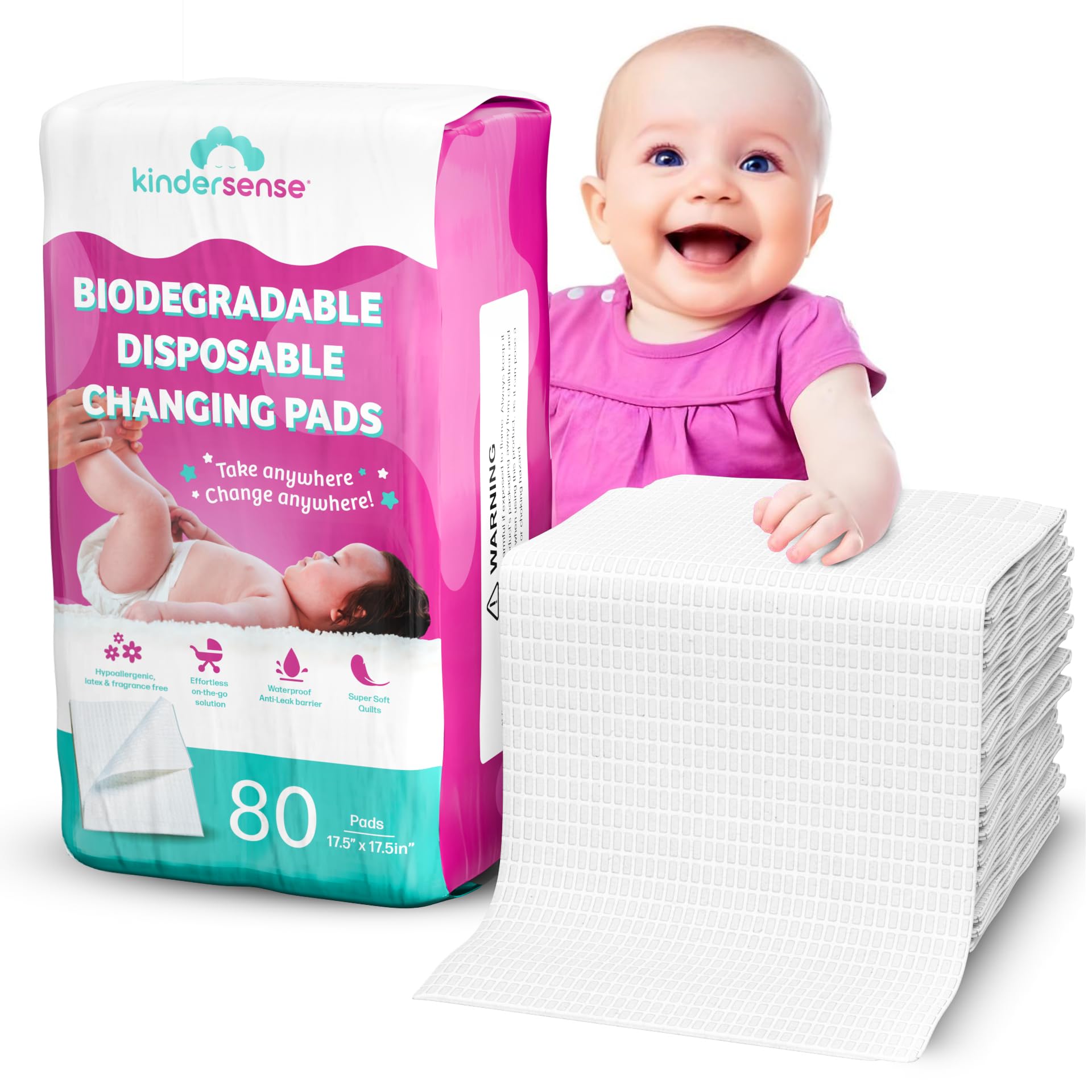 KinderSense disposable changing pad 80-pack for diaper changes and surface protection.