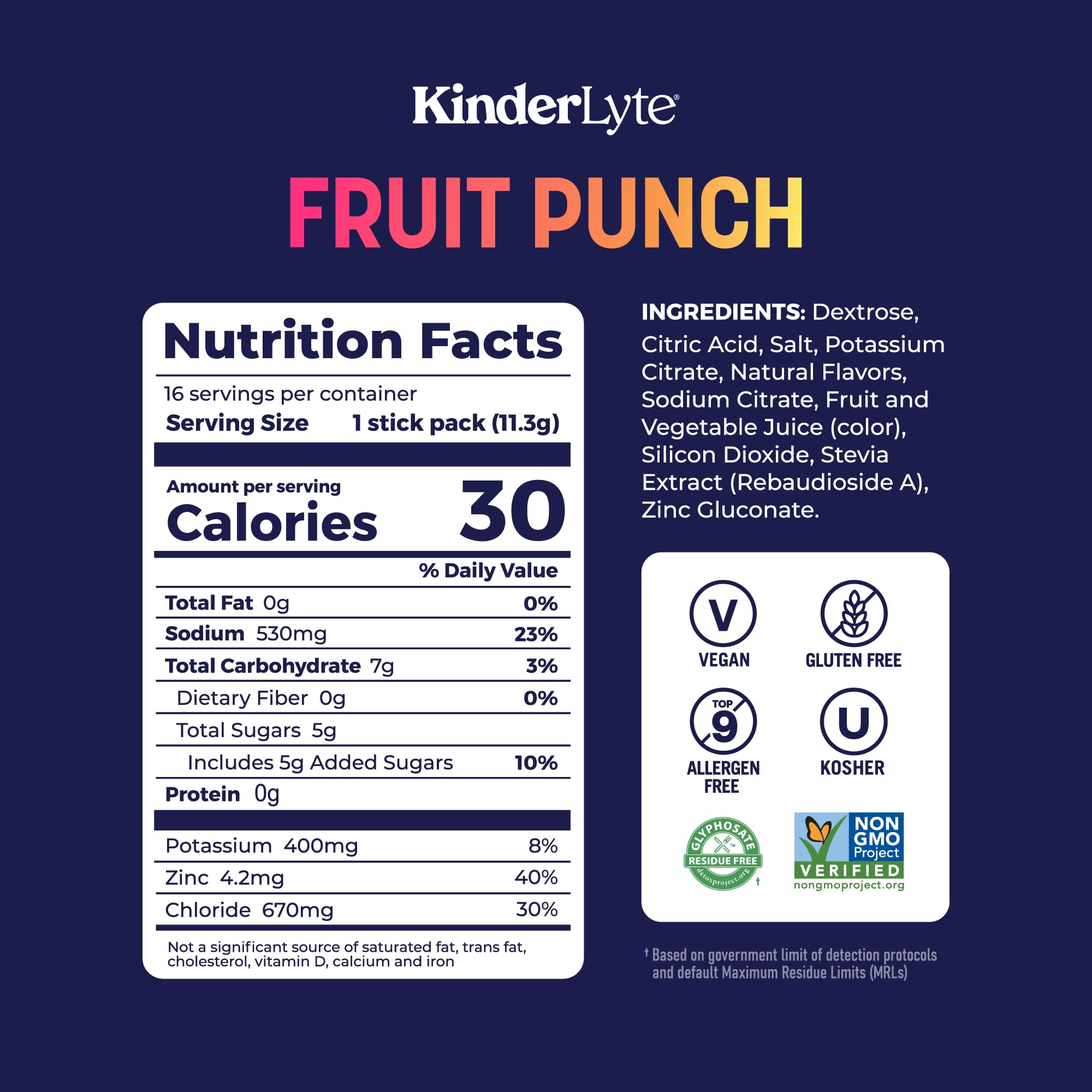 KinderLyte 12oz glass with packet demonstrates quick drink prep for travel or sports.