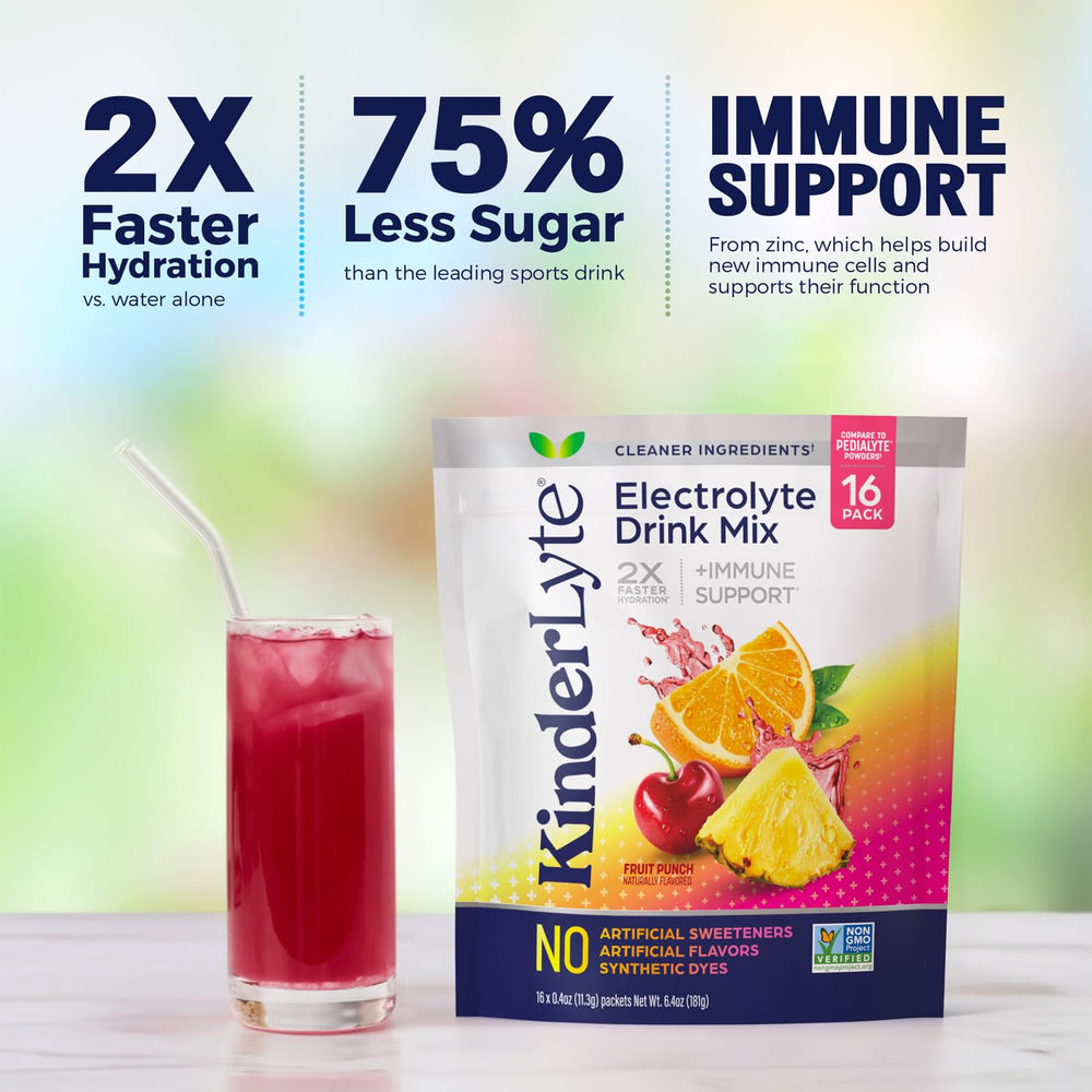 KinderLyte clean ingredients badge highlights no artificial dyes or flavors for peace of mind.