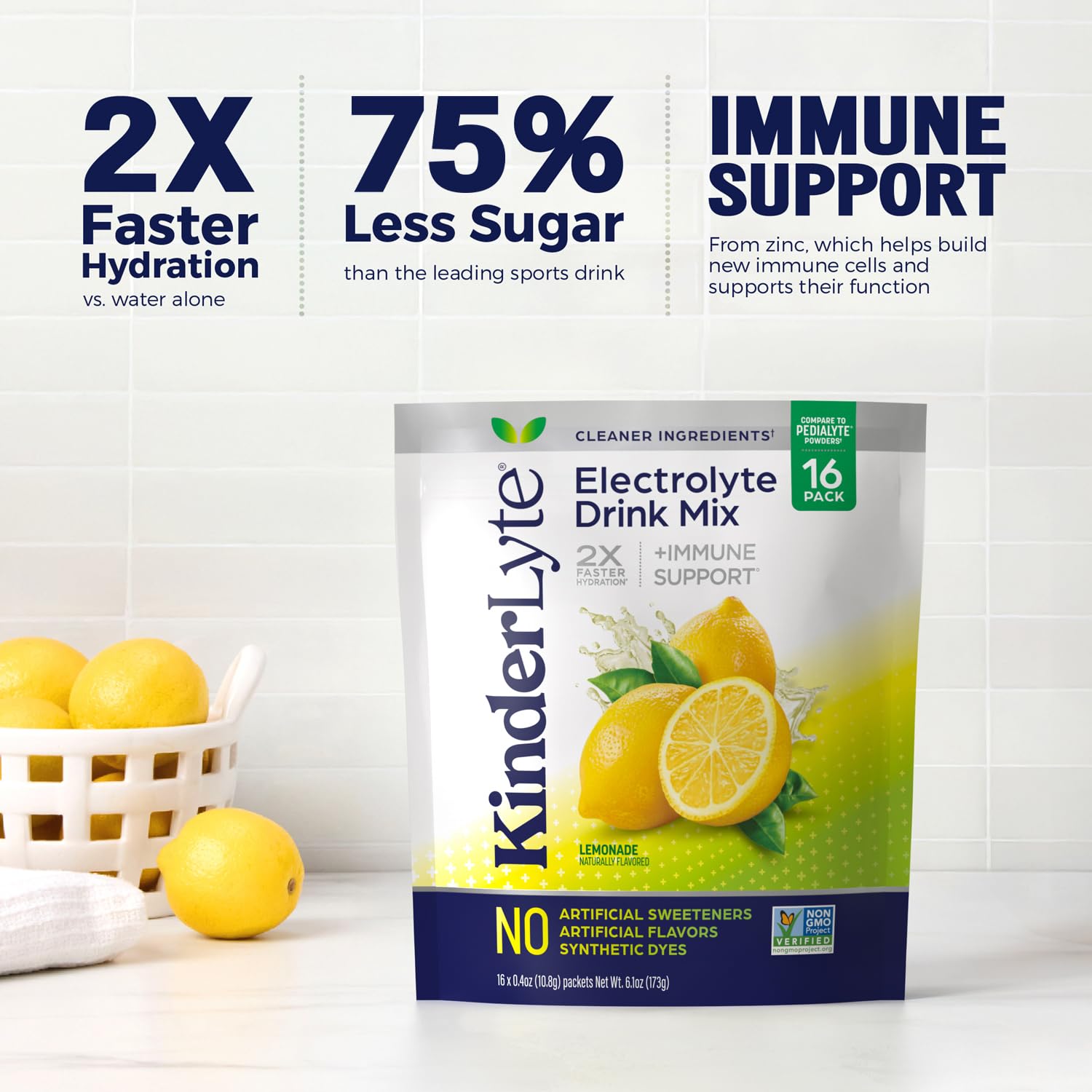 KinderLyte clean-label image emphasizes no artificial dyes