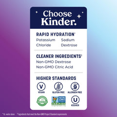 KinderLyte electrolyte solution grape bottle label close-up emphasizes clean-label.