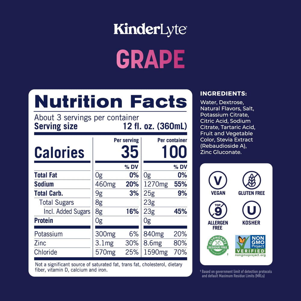 KinderLyte electrolyte solution grape six-pack for convenient family hydration on the go.