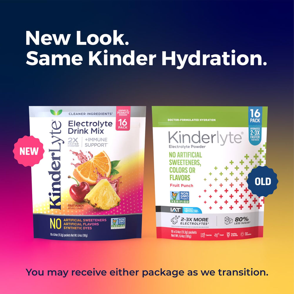 KinderLyte fruit punch packet dissolving in water shows simple mixing for on-the-go hydration.