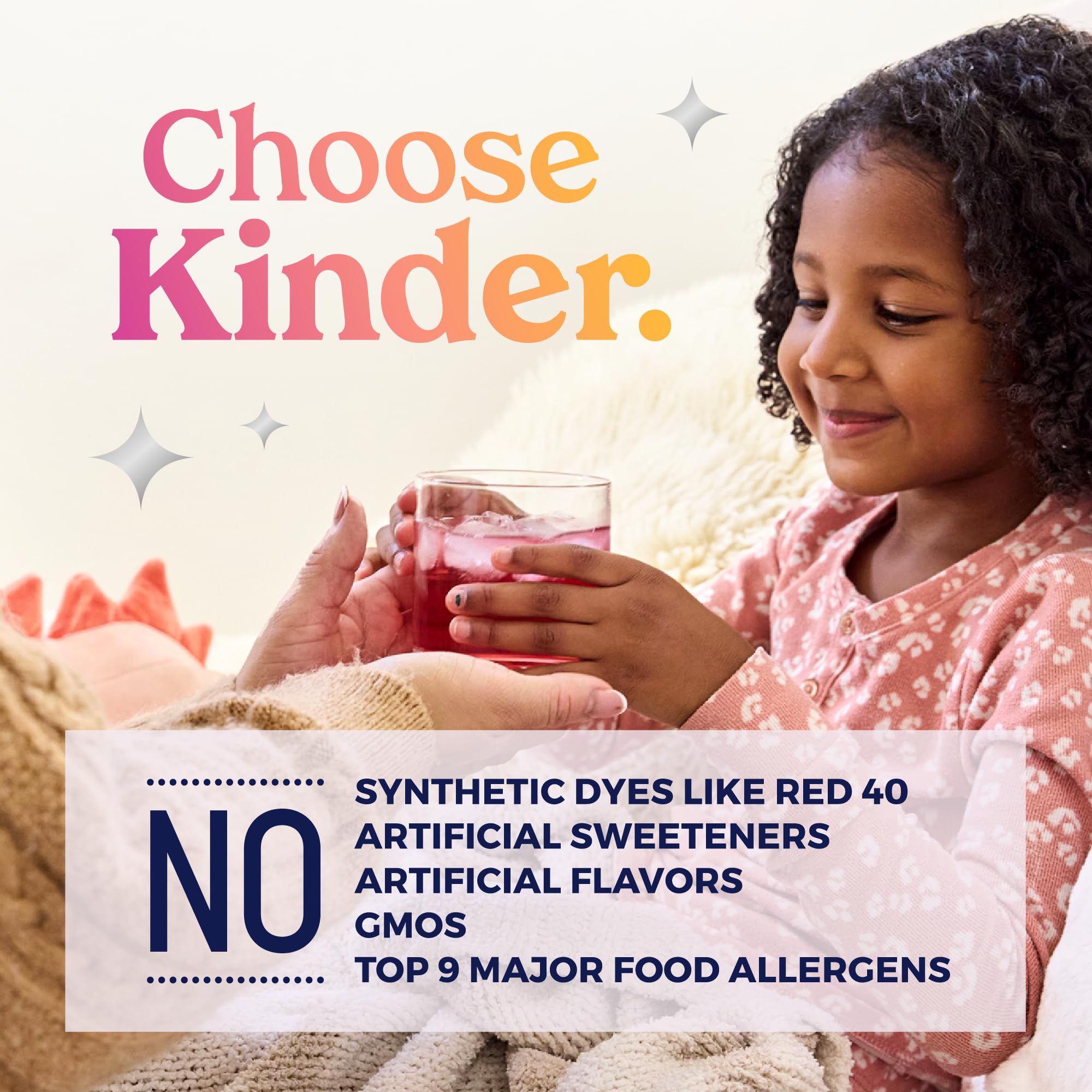 KinderLyte zinc-immune support graphic suggests added nutrients in every packet.