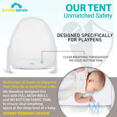 KinderSense Pack N Play Tent assembly diagram - easy setup with two rods forming a dome