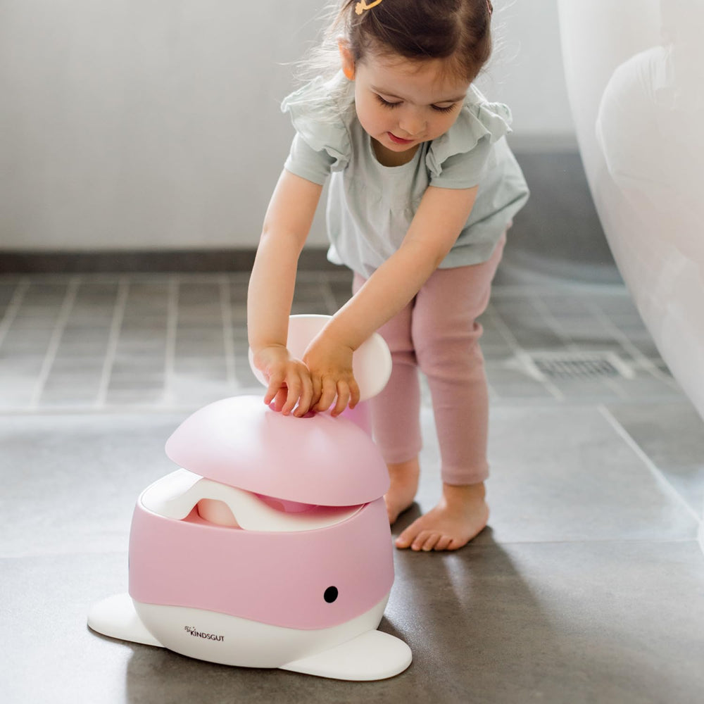 Kindsgut potty whale design pink side view highlights compact footprint for small bathrooms.