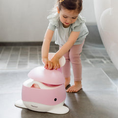 Kindsgut potty whale design pink side view highlights compact footprint for small bathrooms.