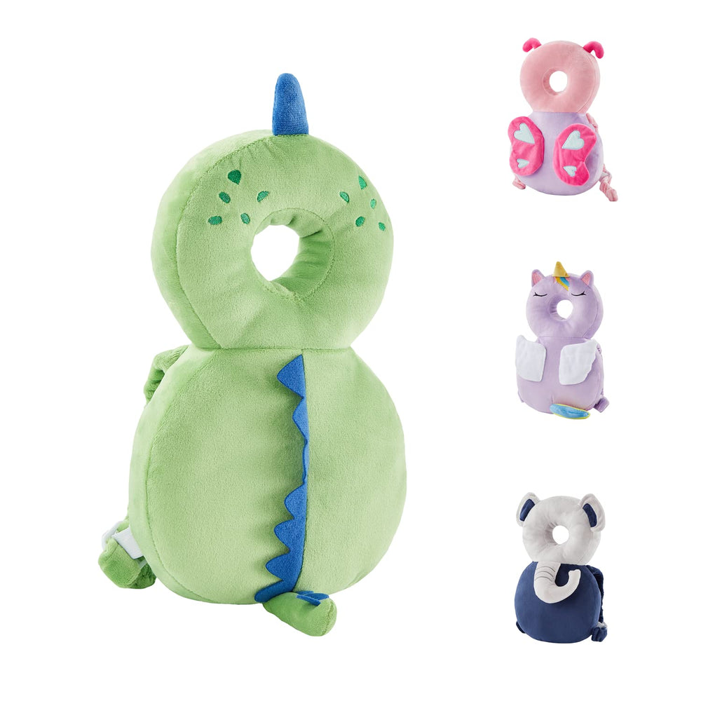 KingCheer baby back protector in green dinosaur, front view for crawling safety.