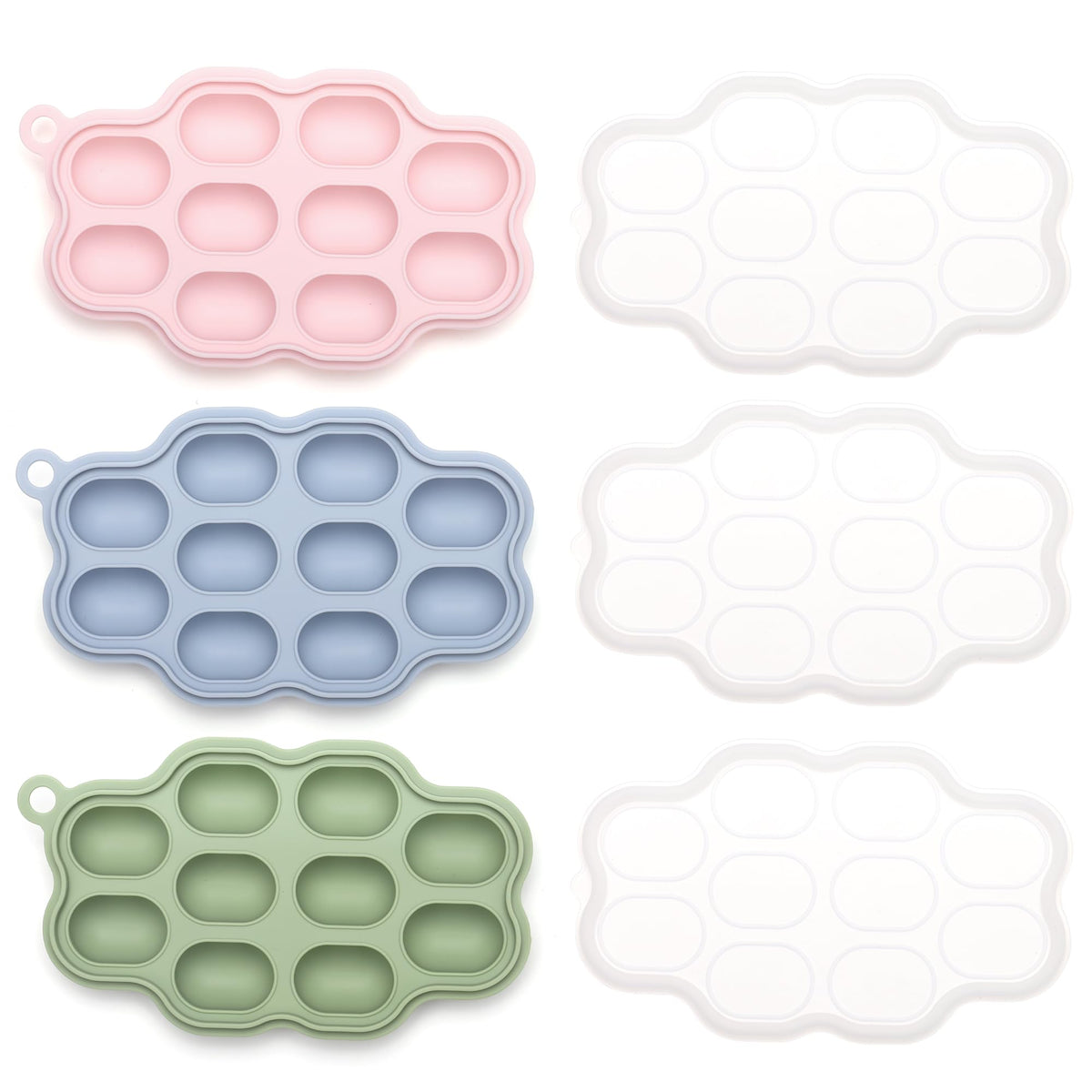 KingKam silicone nibble tray 3-pack assembly shows easy-to-pop frozen portions for quick baby snacks.