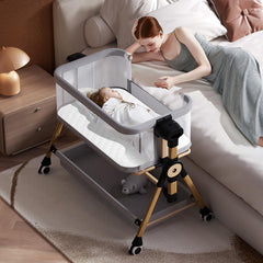 Kingobabys 3-in-1 bedside-sleeper shows close, calm baby care at eye level.