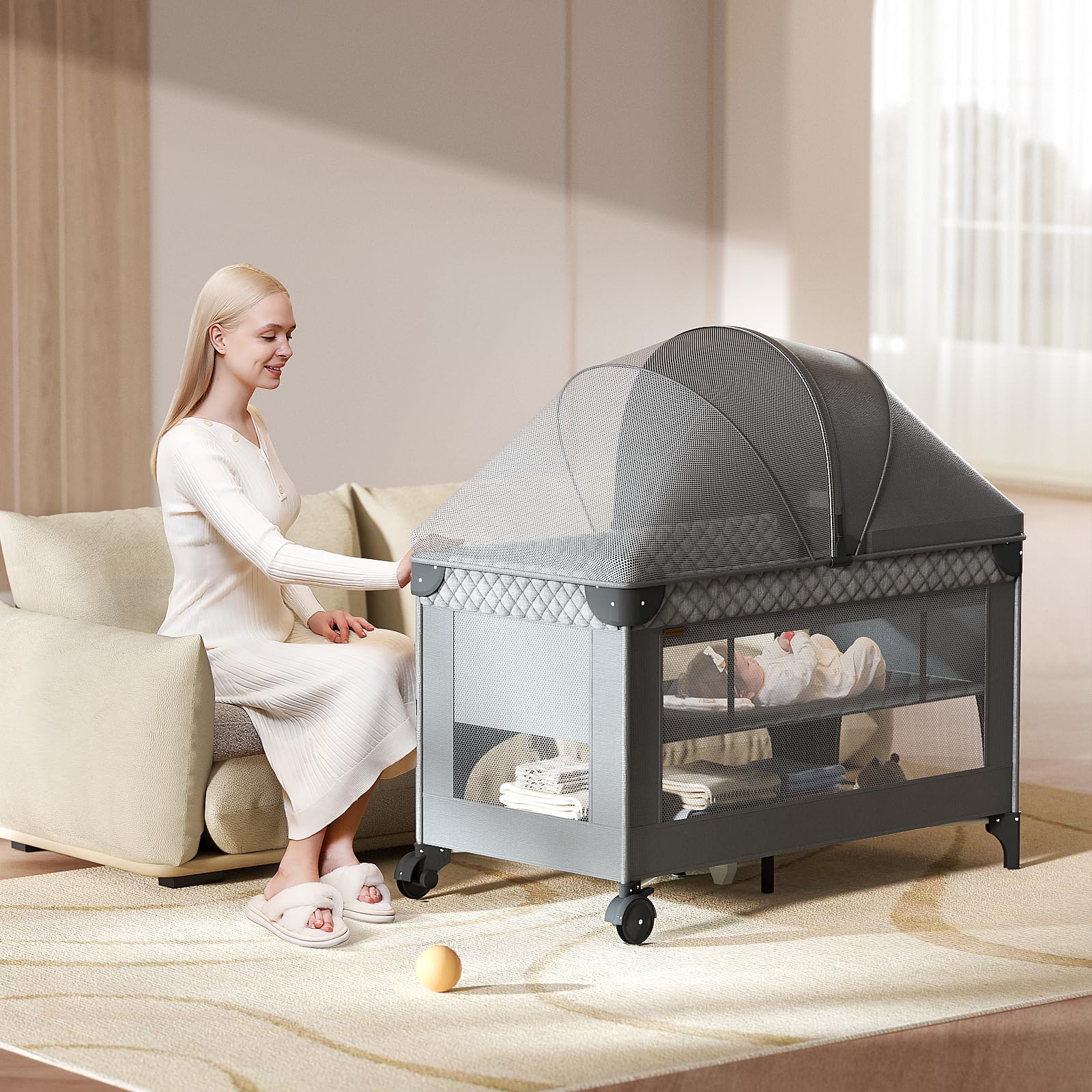 Kingobabys 4-in-1 bottom storage keeps baby items organized.