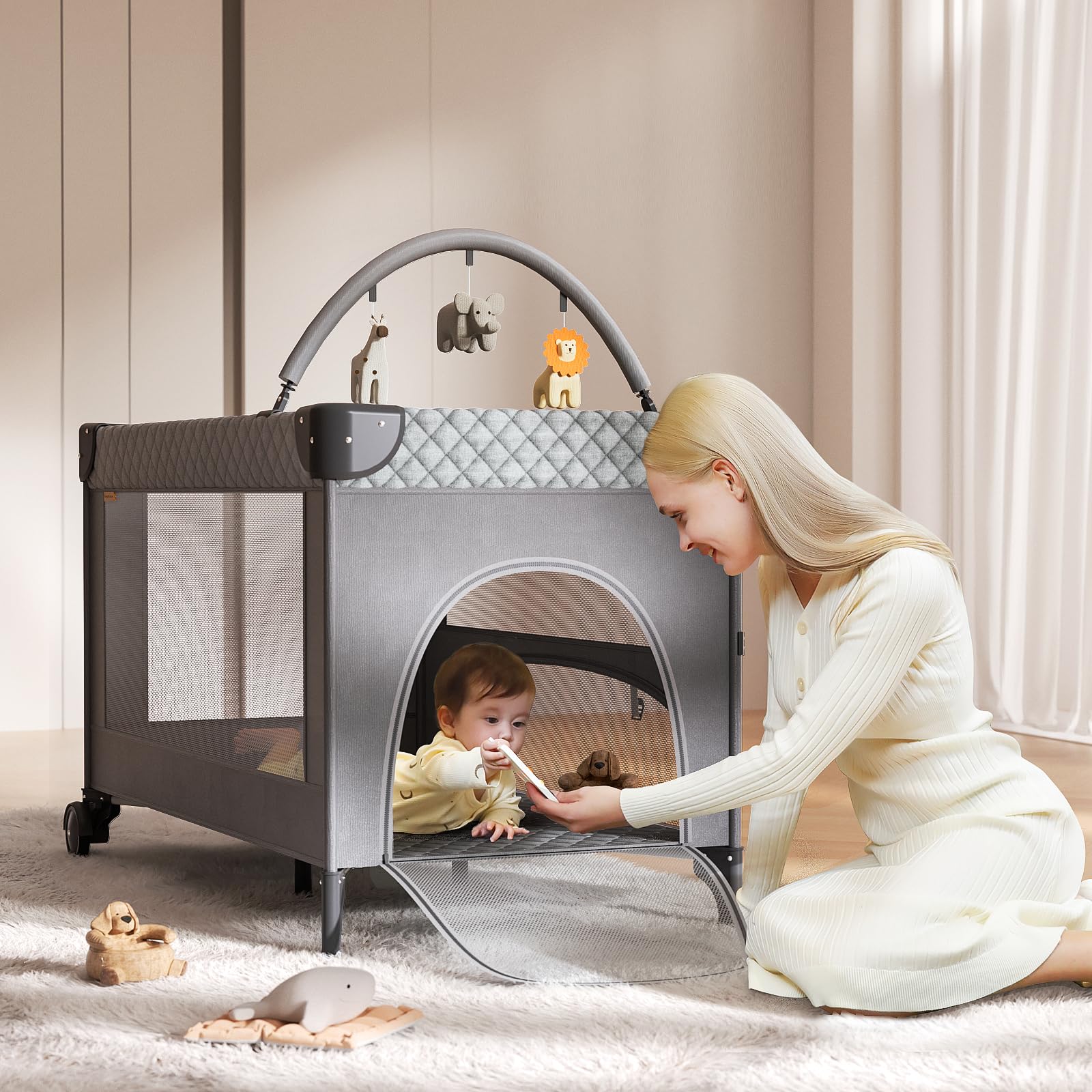 Kingobabys 4-in-1 toy bar image encourages baby engagement.
