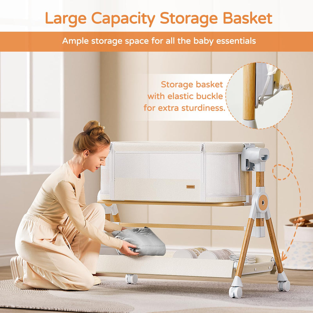 kingobabys adjustable height bassinet aligned with bed height