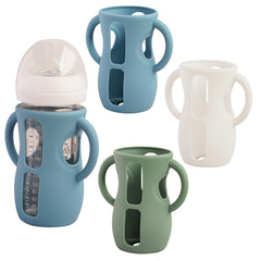 Kingwi silicone sleeve on Avent 8oz bottle in dark blue cushions against bumps