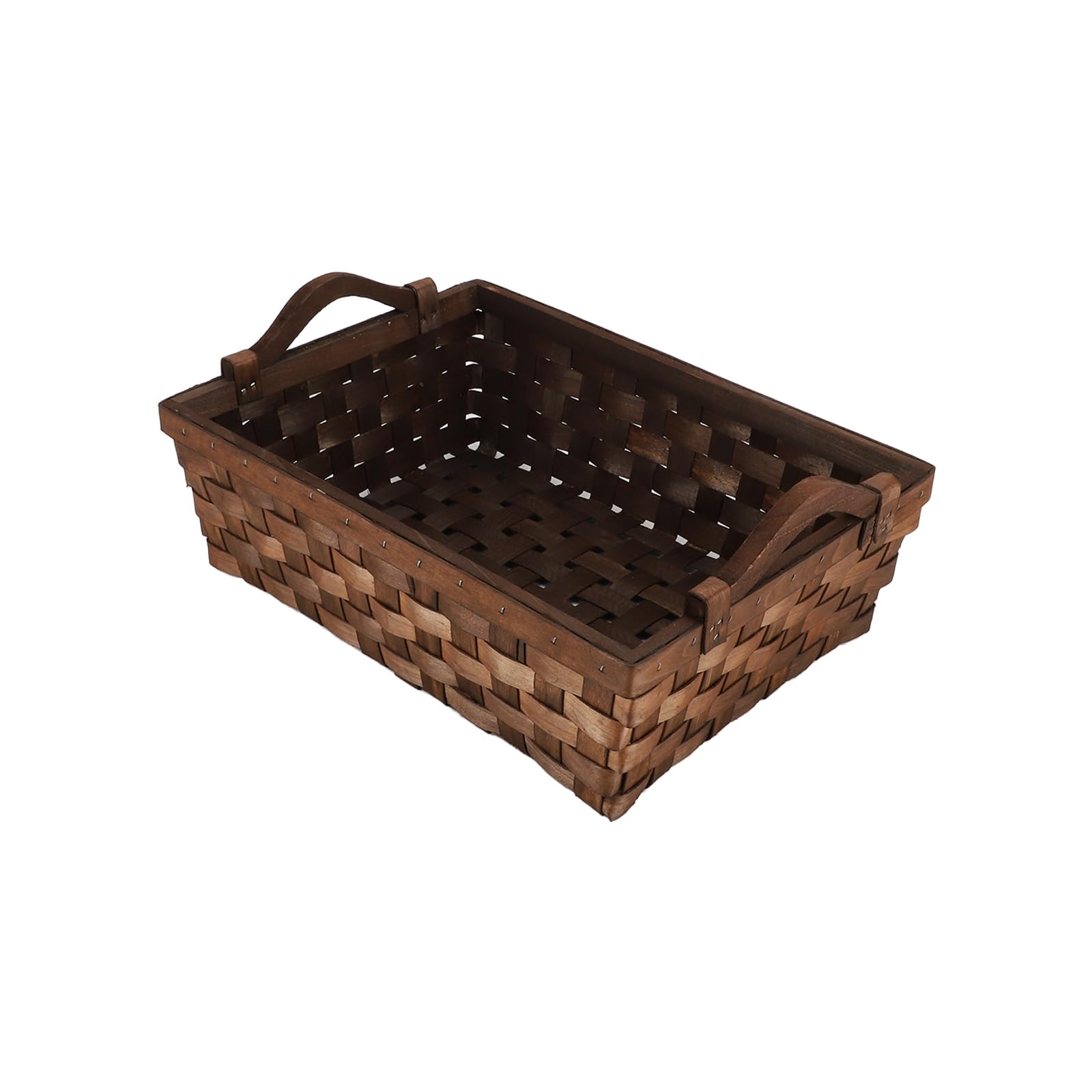 KingWillow rectangular wicker basket front view with handles in warm dark brown.