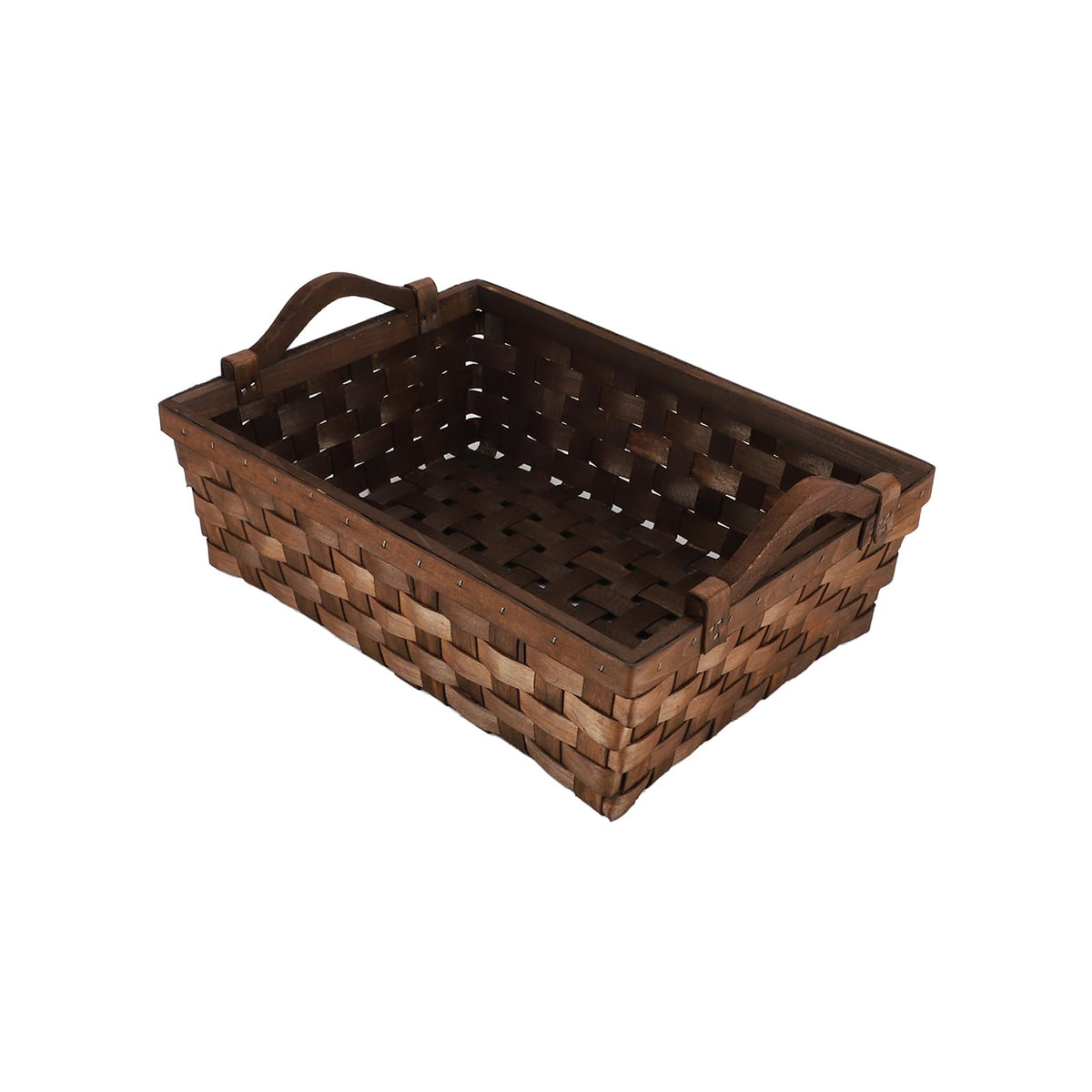 KingWillow rectangular wicker basket front view with handles in warm dark brown.
