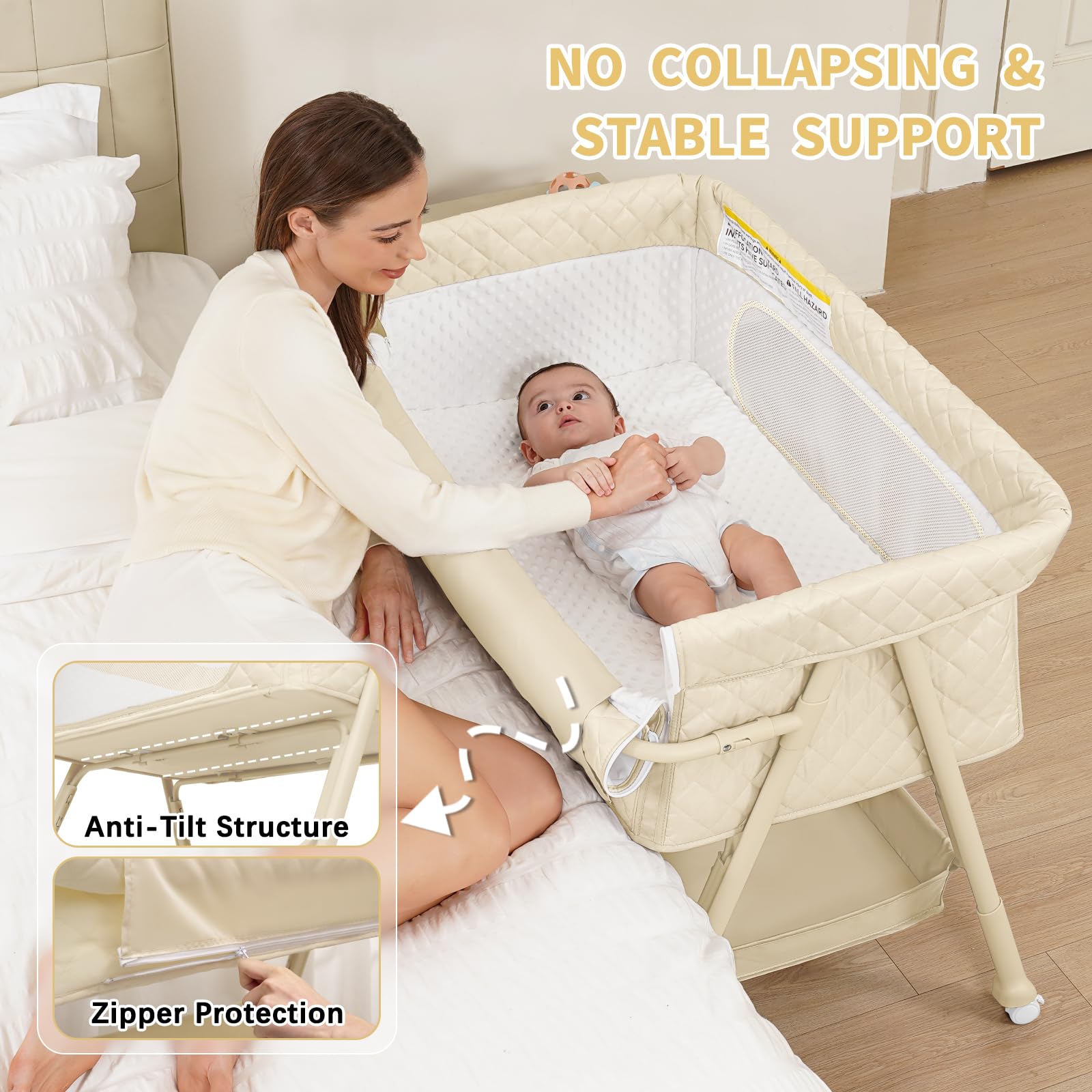 Kiniew Baby Crib Adjustable Height shows four bed-height options.