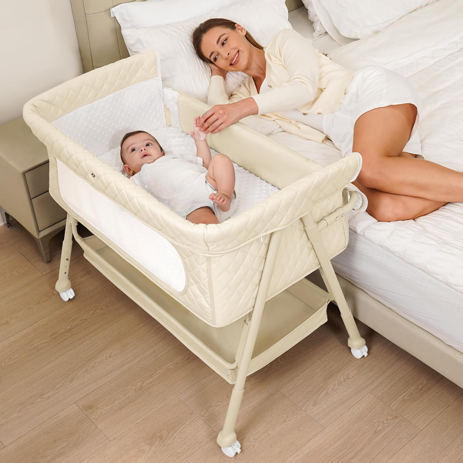 Kiniew Baby Crib Beige beside sleeper demonstrates a safe bedside setup.
