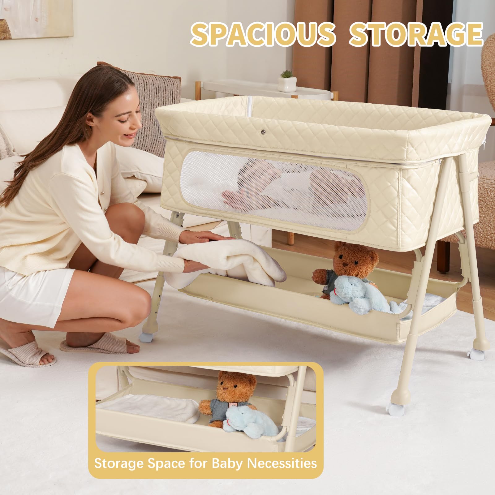 Kiniew Baby Crib Wheel-Brake enables smooth relocation with secure stop.