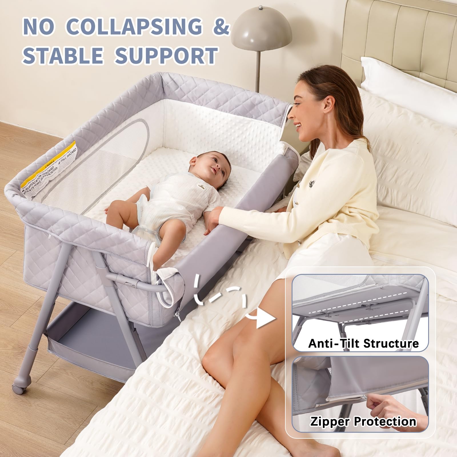Kiniew bassinet bedside sleeper adjustable-height grey enables bed-height matching comfort.